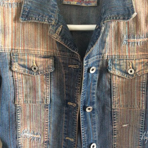 Blue denim jacket with light colourful stripes - Picture 2 of 8